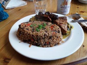 jerk tofu with rice & beans and rainbow chard at The Treehouse Restaurant in Aberystwyth