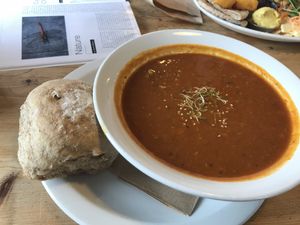 Sweet potato and red pepper miso soup. at The Treehouse Restaurant in Aberystwyth