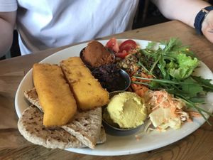 Vegan mezze - including polenta breadsticks  at The Treehouse Restaurant in Aberystwyth