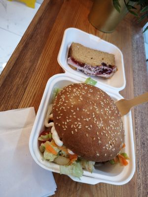 BBQ jackfruit burger and vegan cake at Ila Cafe in South East London