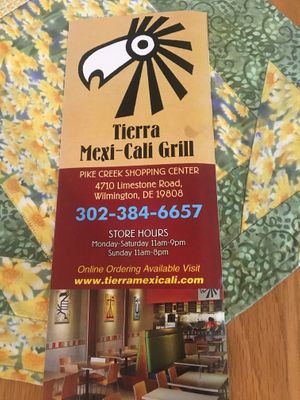 Menu cover at Tierra Mexi-Cali Grill in Wilmington