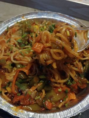 $7.99 Vegetable Hakka Noodles: Good flavor, a bit spicy, we will get it mild next time at Mirch Masala in Houston