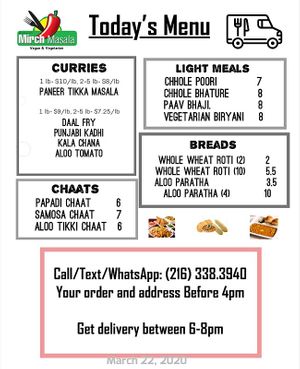 One of the short menu for scheduled delivery at Mirch Masala in Houston