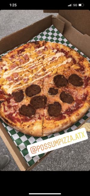 Half pepperoni half macaroni and bacon   at Possum Pizza in Austin