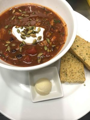 Mexican bean and Jackfruit soup with coconut yoghurt and toasted pumpkin seeds.  Desta made cornbread.  All Vegan at Desta in Preston