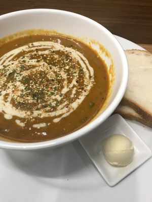 Moroccan spiced sweet potato and chickpea soup with orange tahini yoghurt and dukkah at Desta in Preston