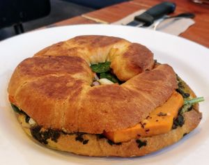 Roast pumpkin, pesto and feta croissant (toasted)  at Desta in Preston