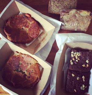 Ham, cheese & tomato croissants, banana breads and choc brownies 🌱💚✨best brownie I’ve had  at Desta in Preston