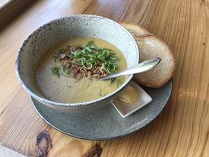 Tasty sweet corn chowder at Desta in Preston
