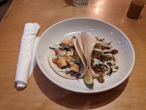 House tacos with marinated tofu (left) and house made vegan chorizo (right) at Goldfinch in Black Mountain