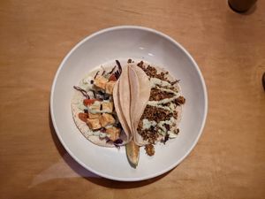 House tacos with marinated tofu (left) and house made vegan chorizo (right) at Goldfinch in Black Mountain