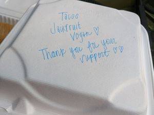 Vegan confirmation on all take out boxes at Goldfinch in Black Mountain