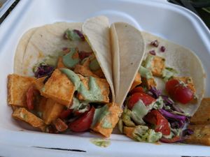 Tacos with tofu and cilantro dressing at Goldfinch in Black Mountain