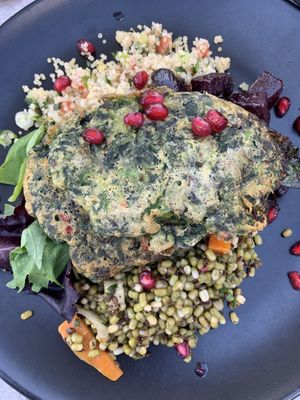 Spinach pancakes and salads/grains   at Nourish in Letchworth