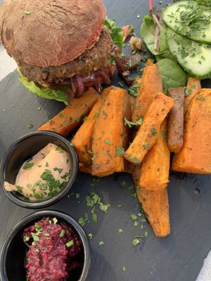 Burger and sweet potato fries   at Nourish in Letchworth