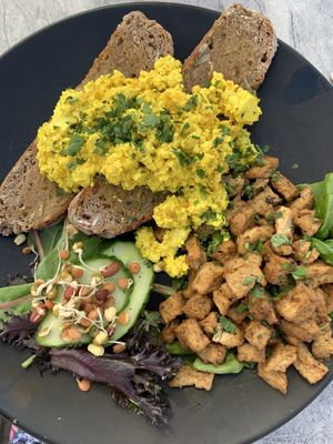 Tofu scramble and seitan bacon   at Nourish in Letchworth