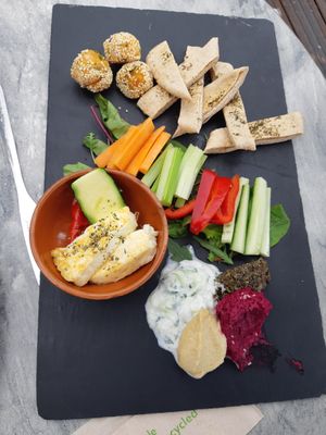 mezze platter (tzatziki and halloumi pictured not vegan) at Nourish in Letchworth