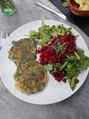 spinach pancakes with trio of salads at Nourish in Letchworth