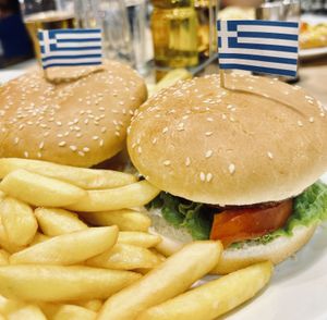 Double Burger 🍔 🍔 on one plate! Cheap Price 👍🏼😋  at Roma Pizza in Neos Marmaras