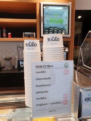 vegan options on card on counter at Oyya in Ghent