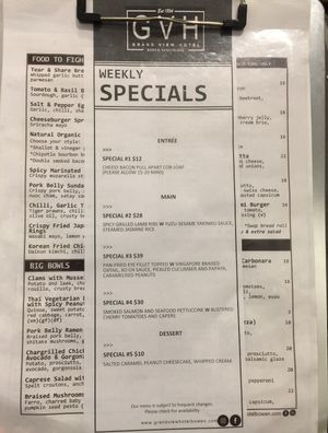Menu (vegan, vegetarian, and gluten free options available) at Grandview Hotel in Bowen