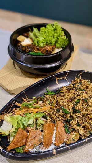 Vegan Sambal Fried Rice Nyona Otah, Black Kut Teh Yee Noodle at Flavours by Saute 寻味•素特 in Central Singapore