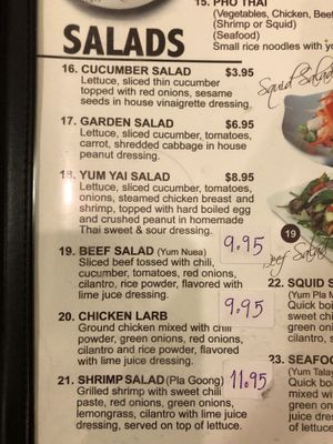 Salad menu at Thai House in Logan