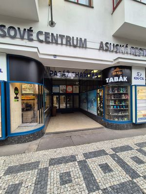 The restaurant is inside here! Head straight in, and it's right in front of you. It's not obvious from the outside. at Veganland in Prague