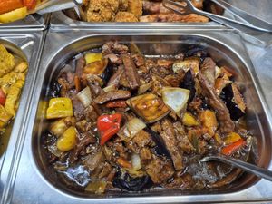 Mock meat and aubergine at Veganland in Prague