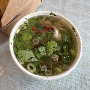 Dumpling Soup (2 dumplings  in a the Pho broth). Delicious!  at Loving Hut in Cincinnati