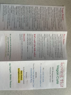 1/2 of menu  at Loving Hut in Cincinnati