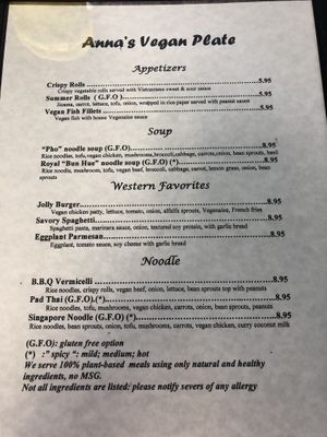 Menu at Anna's Vegan Plate in Palm Bay