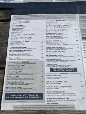Starters, burgers, main courses menu  at Pooley Bridge Inn in Penrith
