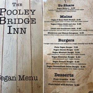 Vegan menu at Pooley Bridge Inn in Penrith