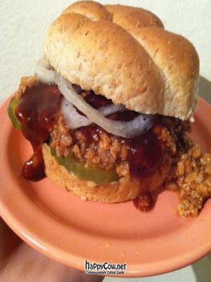 Check out the cafe's newest special: BBQ TVP with pickes and onion served on a whole wheat bun! at Earth House in Indianapolis