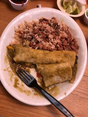 Vegan Enchiladas!! With Mexican rice and beans. at Güero's Taco Bar in Austin