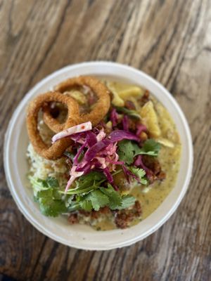  Potatoe Stew with Onion rings and Eggplant sausage (forgot the name of the plate) 😋   at Callie's Kitchen in Tomball