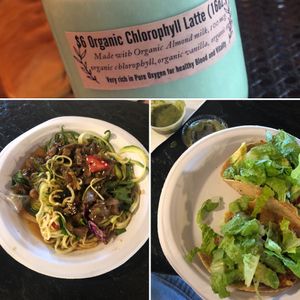 Delicious and quick food, a grab n go cooler and mini store, can also order at the counter and sit down. Chlorophyll late, vegan tacos, and chili eggplant zucchini noodles! at Callie's Kitchen in Tomball
