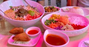 Rainbow salad, tea leaves salad, samosas, eggplant curry - all vegan, all soy free, all except samosas are gluten-free (rainbow salad has rice noodles in place of default wheat noodles) at Top Burmese in Portland
