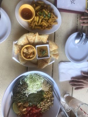 Paratha dip, chickpea tots, tea leaf salad and Burmese iced tea (non-dairy)  at Top Burmese in Portland