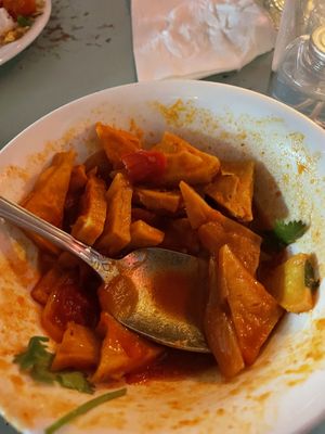 Tofu curry- coconut rice is not shown, so good  at Top Burmese in Portland