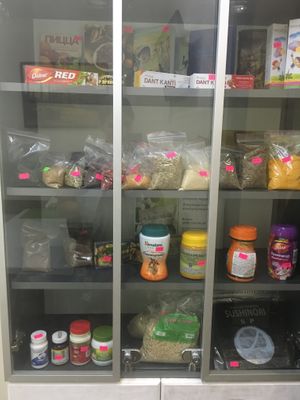 Pantry food on offer - further stock in the fridge. July 2019 at Green Life in Ternopil