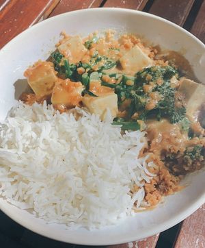 Satay tofu with broc and rice at Vegalicious in Ettalong Beach