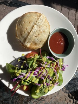 Mushroom and lentil pie with side salad and tomato sauce   at Vegalicious in Ettalong Beach