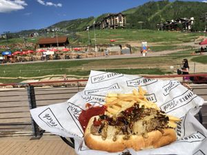 Vegan brat at the base of the gondola!!  ❤️ at Timber and Torch in Steamboat Springs
