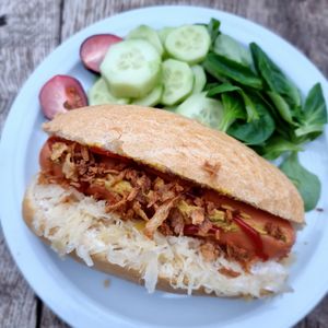 Sausage bought and made at home at Van Die Vegans in Hilversum