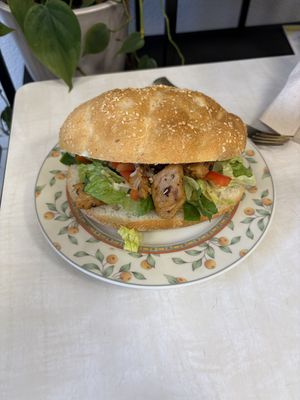 Spicy “chicken” sandwich! They make the “chicken” there!  at Van Die Vegans in Hilversum