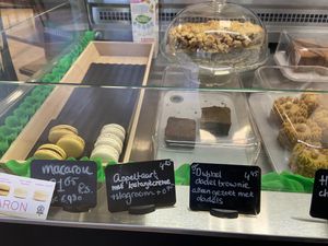 Some sweet goodies. The 2 macarons are hazelnut/mocha (quite nice) and pecan/vanilla (the best) at Van Die Vegans in Hilversum