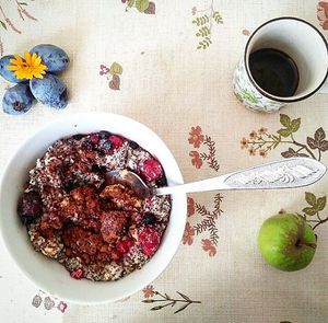 apple and plums from the garden, coffee is fair trade (and we hope the label isn't lying) and... oatmeal :) at The Vegan Anarchist Communal Kitchen in Esztergom