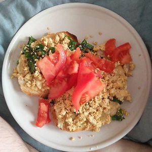 some tofu thing😄 at The Vegan Anarchist Communal Kitchen in Esztergom